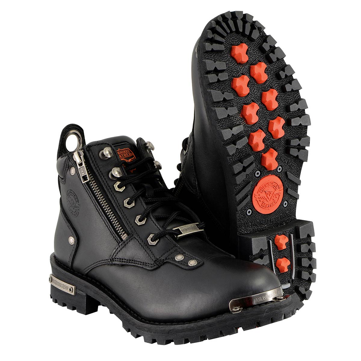 MBL9335 Women's Premium Black Leather Low Cut Lace-Up Motorcycle Riding Boots w/ Zipper Closure