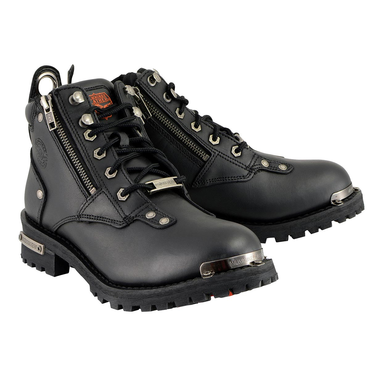 MBL9335 Women's Premium Black Leather Low Cut Lace-Up Motorcycle Riding Boots w/ Zipper Closure