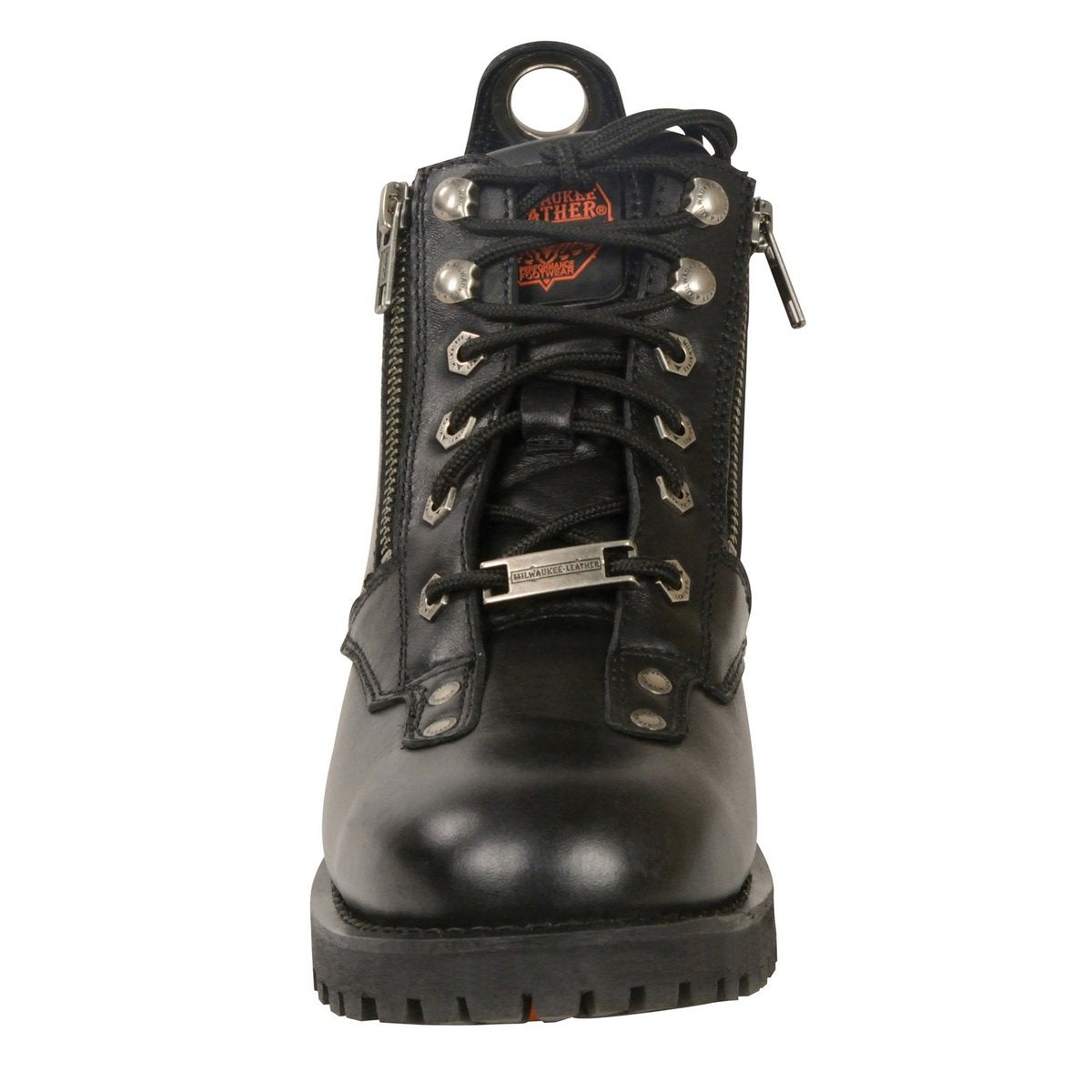 MBL9335 Women's Premium Black Leather Low Cut Lace-Up Motorcycle Riding Boots w/ Zipper Closure