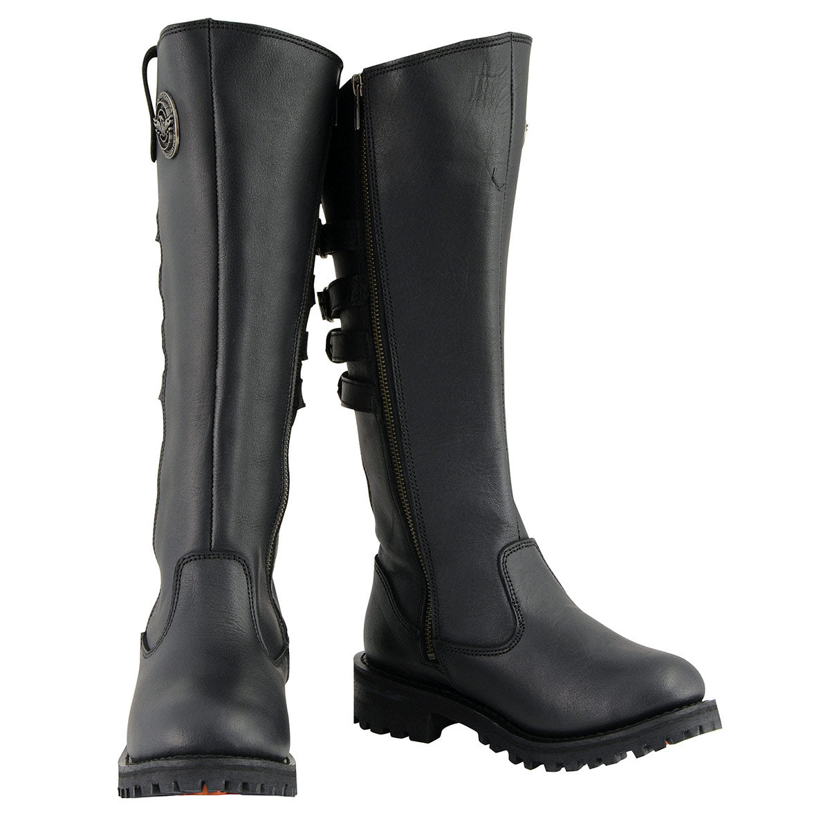 MBL9345 Women's Black 15-inch High Rise Leather Riding Boots with Four Calf Buckles