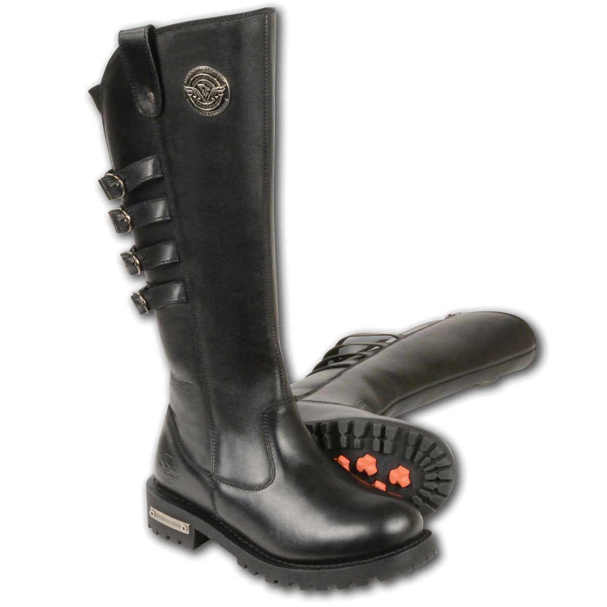 MBL9345 Women's Black 15-inch High Rise Leather Riding Boots with Four Calf Buckles