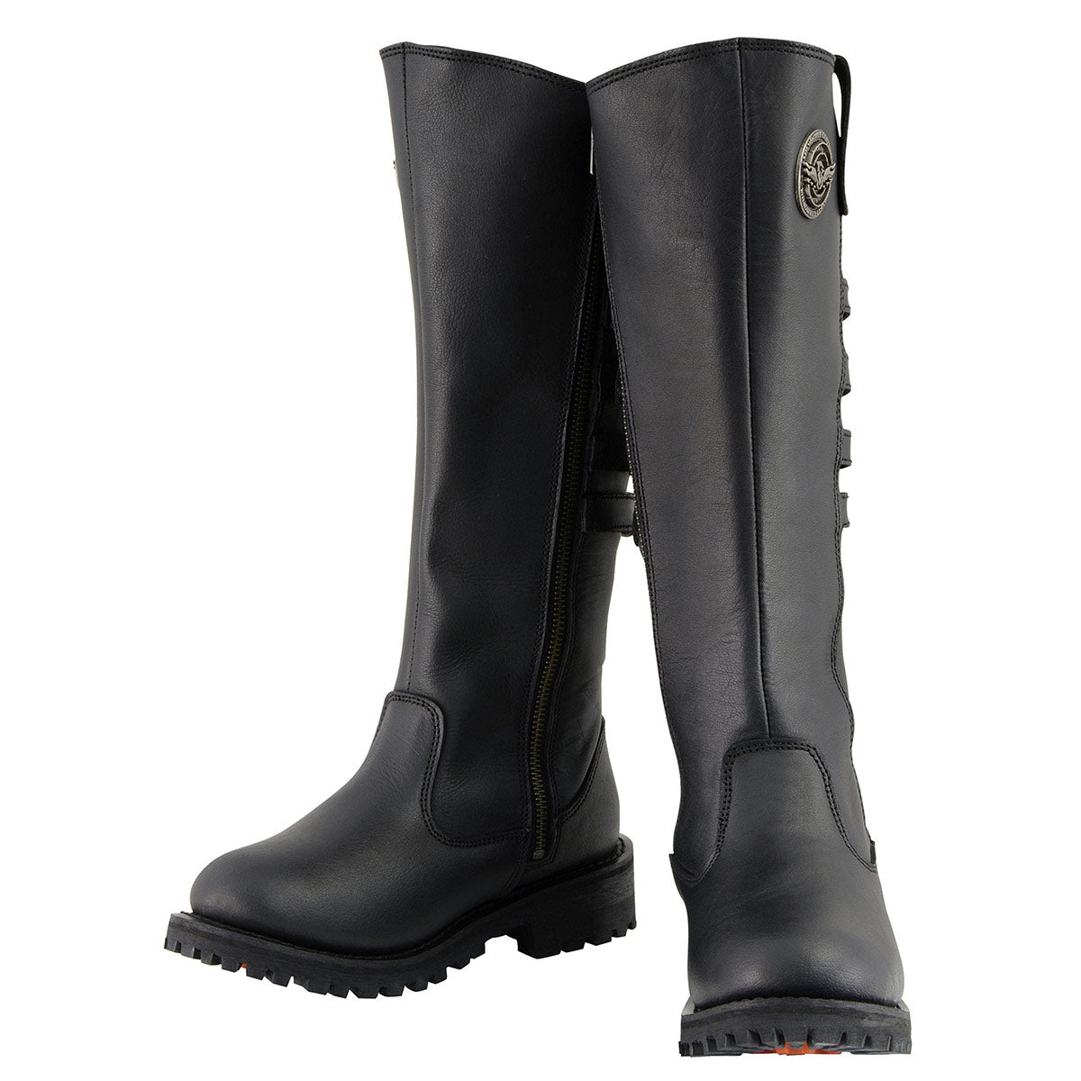 MBL9345 Women's Black 15-inch High Rise Leather Riding Boots with Four Calf Buckles