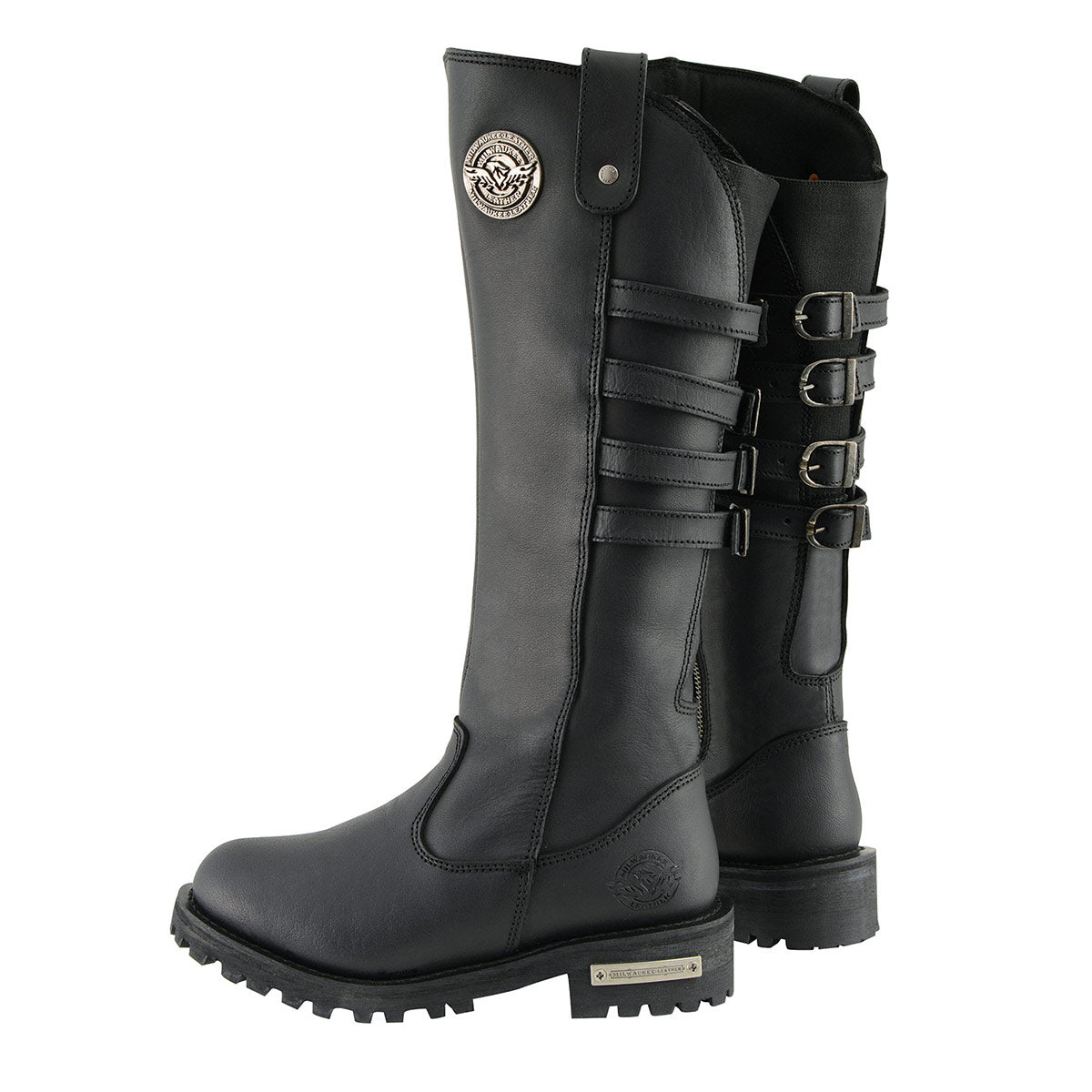 MBL9345 Women's Black 15-inch High Rise Leather Riding Boots with Four Calf Buckles