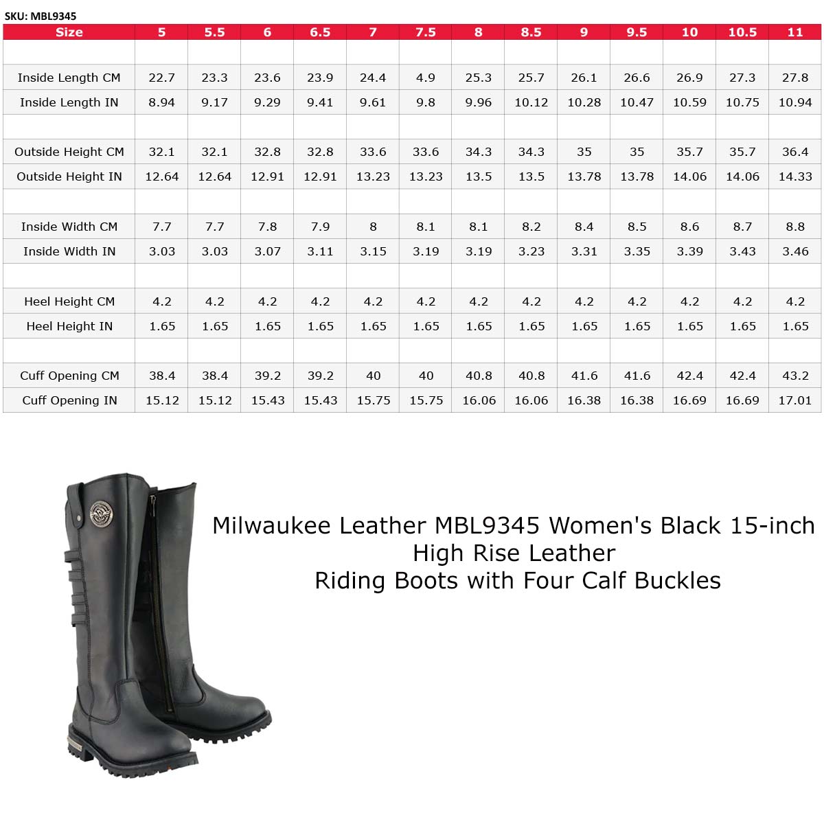 MBL9345 Women's Black 15-inch High Rise Leather Riding Boots with Four Calf Buckles