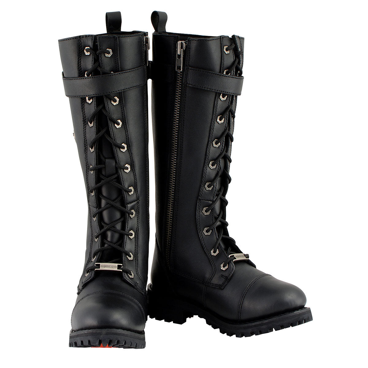 Women's Black 14-inch Lace-Up High-Rise Leather Biker Rider Boots with Calf Buckle MBL9355