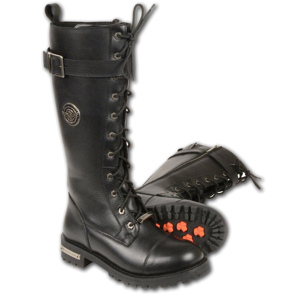 Women's Black 14-inch Lace-Up High-Rise Leather Biker Rider Boots with Calf Buckle MBL9355