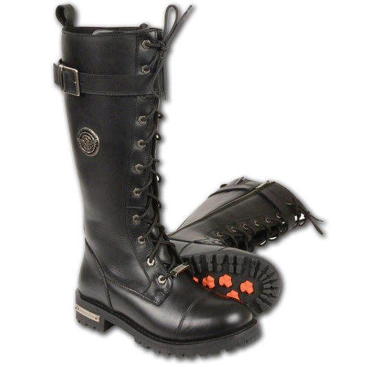 Women's Black 14-inch Lace-Up High-Rise Leather Biker Rider Boots with Calf Buckle MBL9355