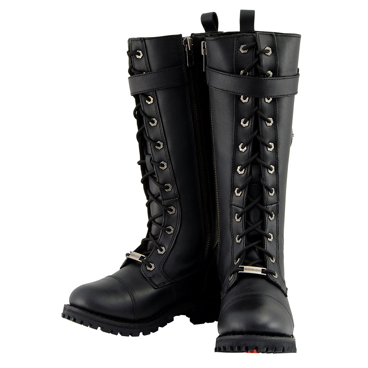 Women's Black 14-inch Lace-Up High-Rise Leather Biker Rider Boots with Calf Buckle MBL9355