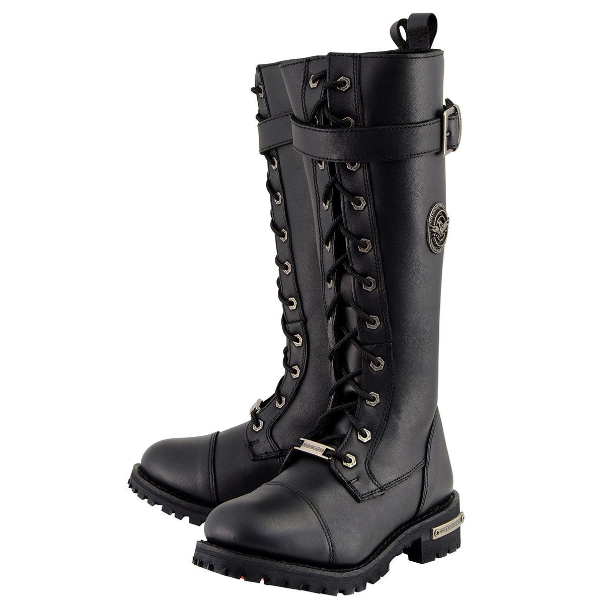 Women's Wide-Width Black 14-inch Lace-Up High-Rise Leather Biker Rider Boots with Calf Buckle MBL9355W