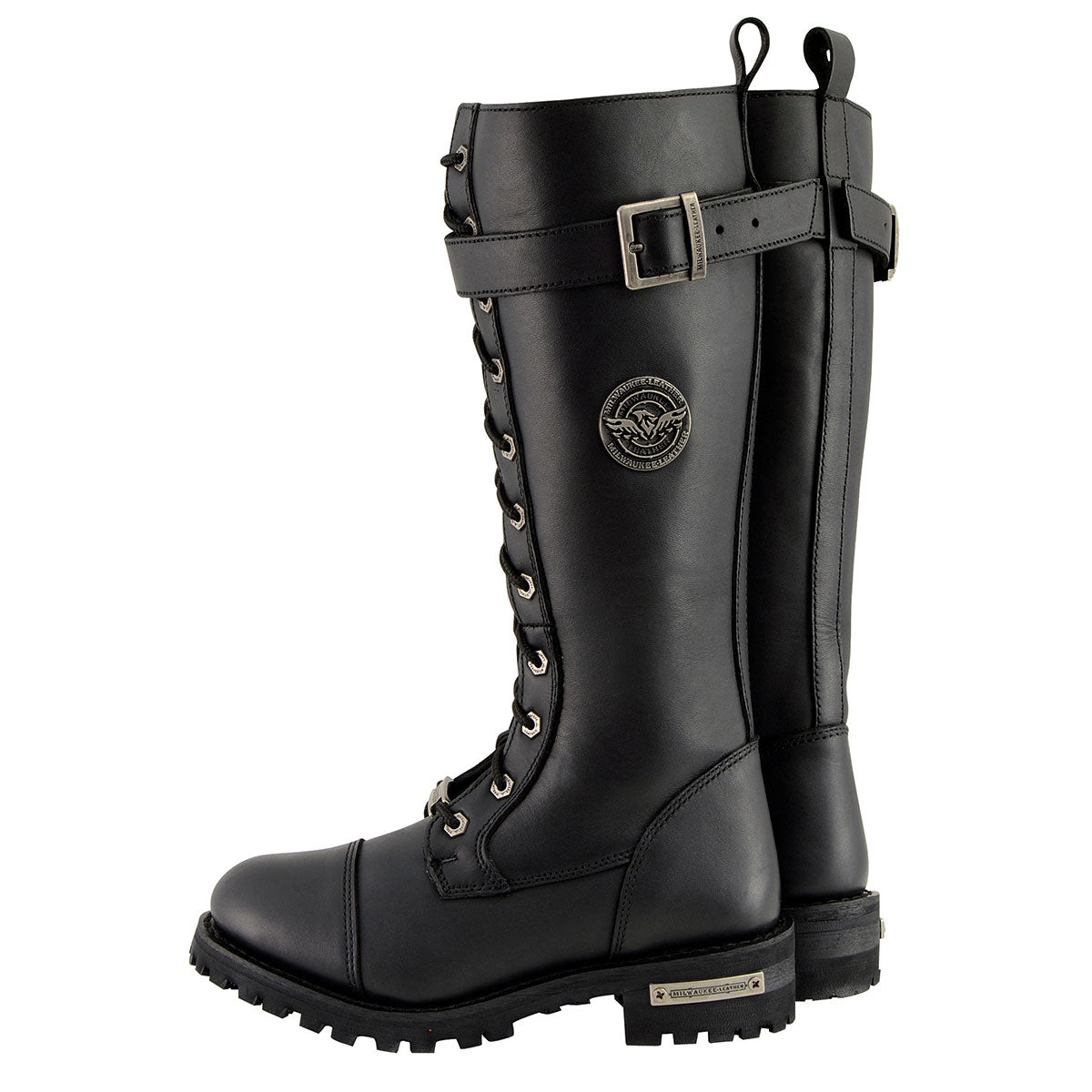 Women's Black 14-inch Lace-Up High-Rise Leather Biker Rider Boots with Calf Buckle MBL9355