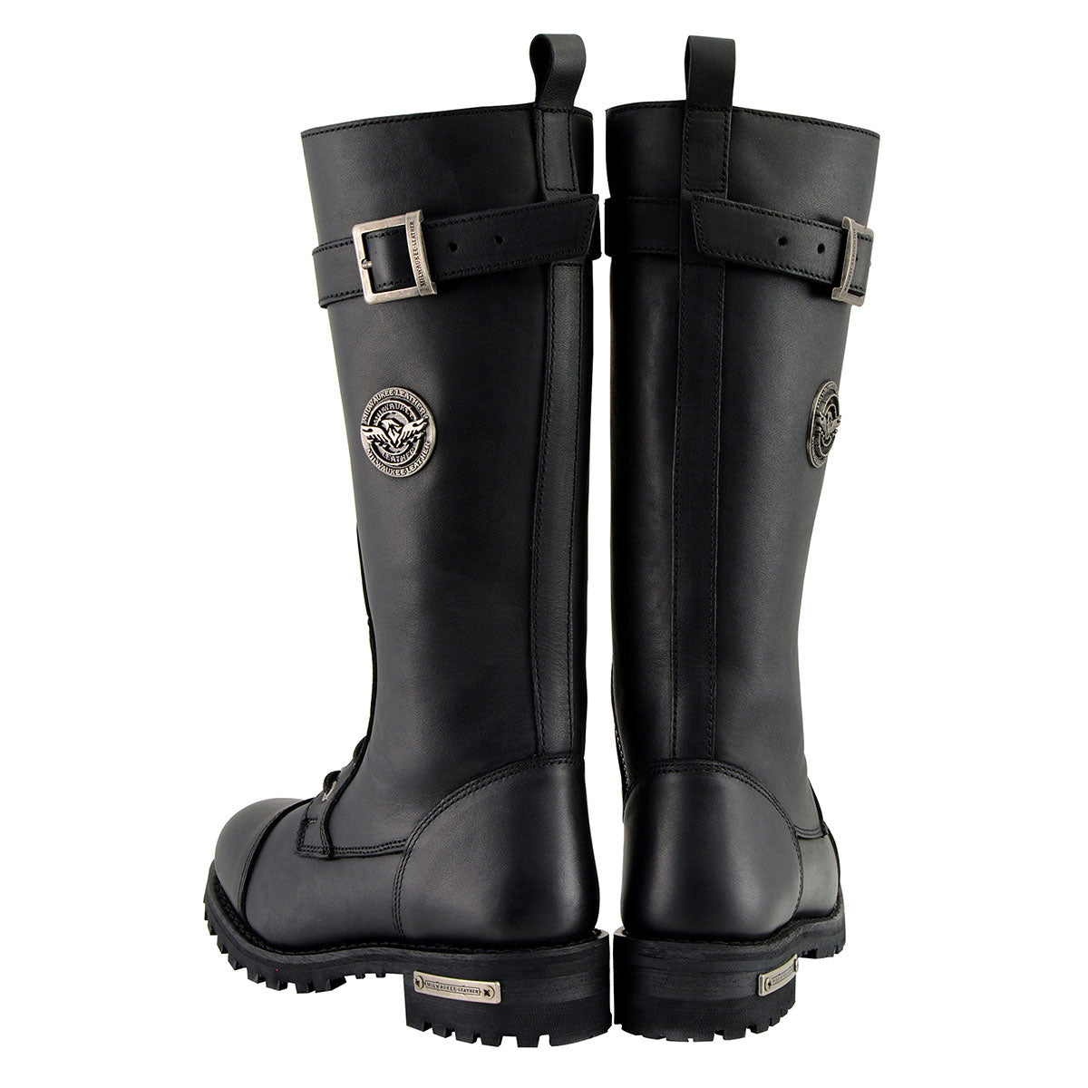 Women's Black 14-inch Lace-Up High-Rise Leather Biker Rider Boots with Calf Buckle MBL9355