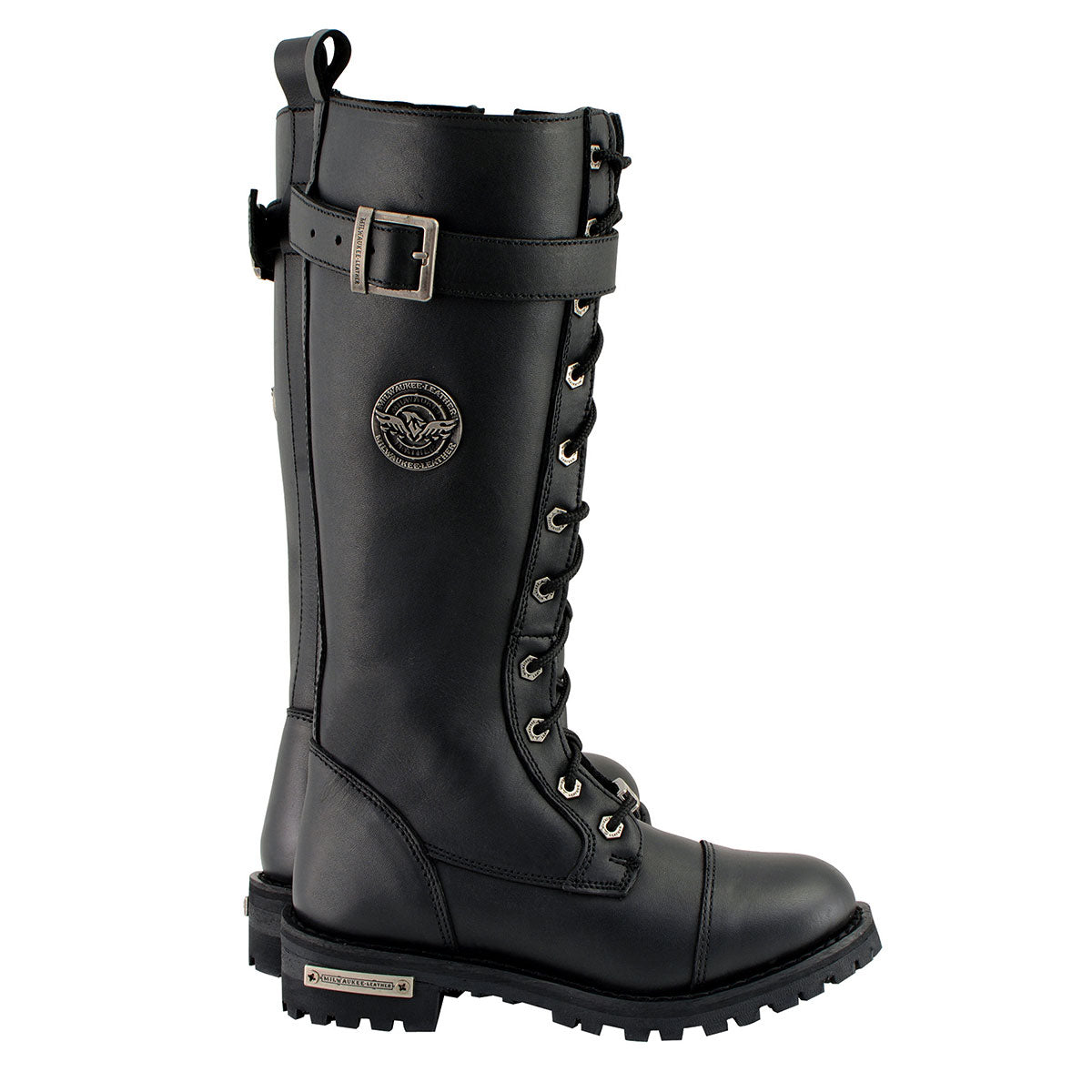 Women's Black 14-inch Lace-Up High-Rise Leather Biker Rider Boots with Calf Buckle MBL9355