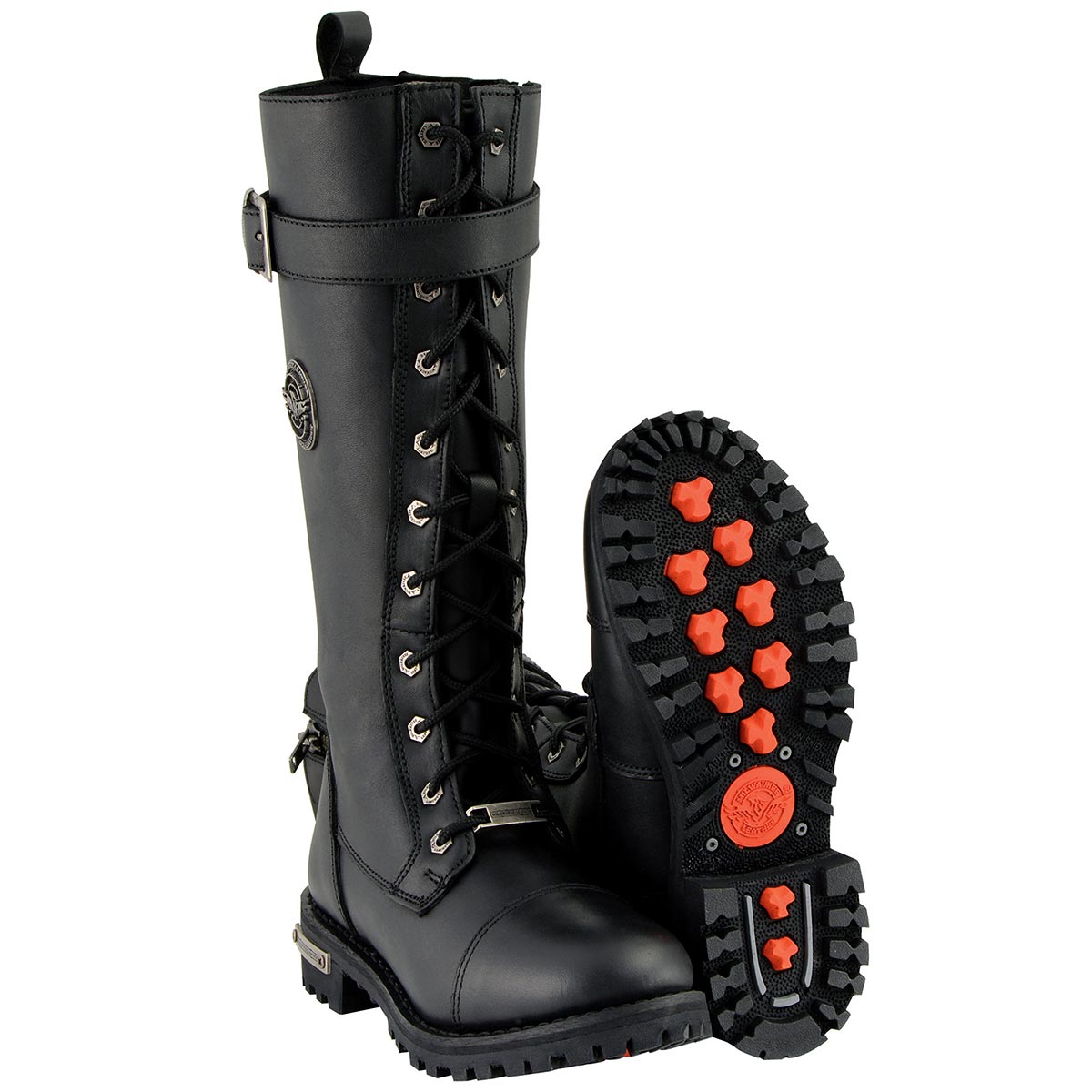 Women's Black 14-inch Lace-Up High-Rise Leather Biker Rider Boots with Calf Buckle MBL9355