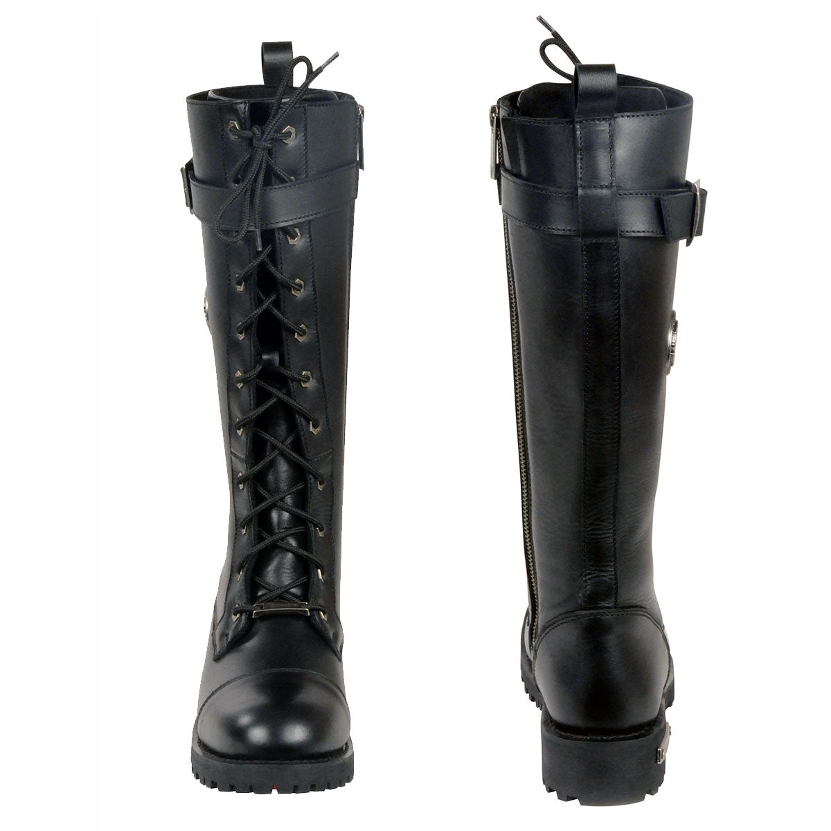 Women's Wide-Width Black 14-inch Lace-Up High-Rise Leather Biker Rider Boots with Calf Buckle MBL9355W