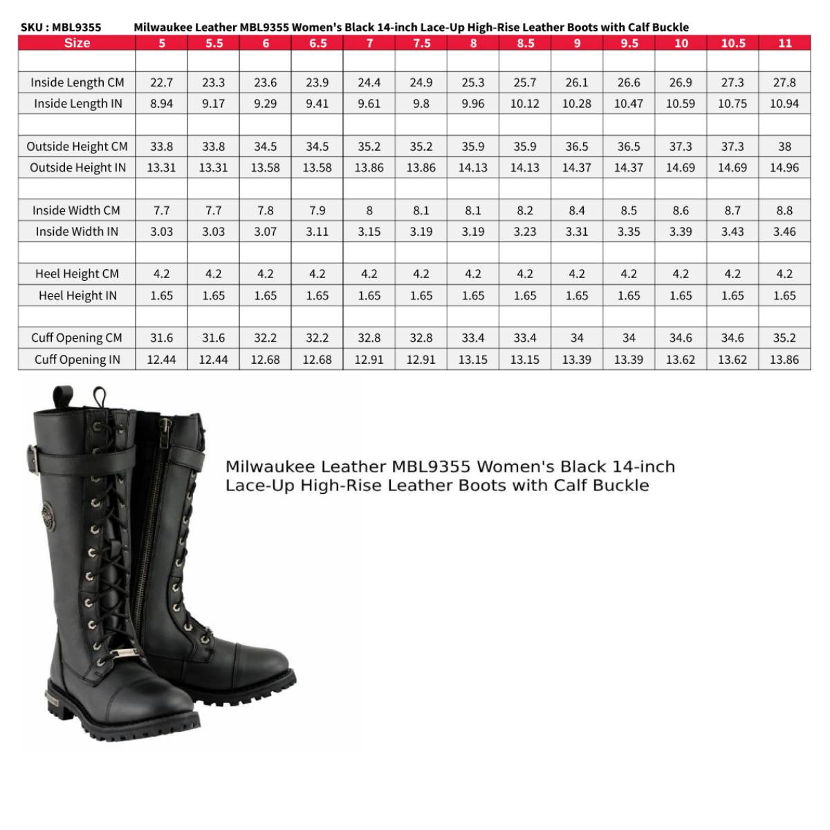 Women's Black 14-inch Lace-Up High-Rise Leather Biker Rider Boots with Calf Buckle MBL9355