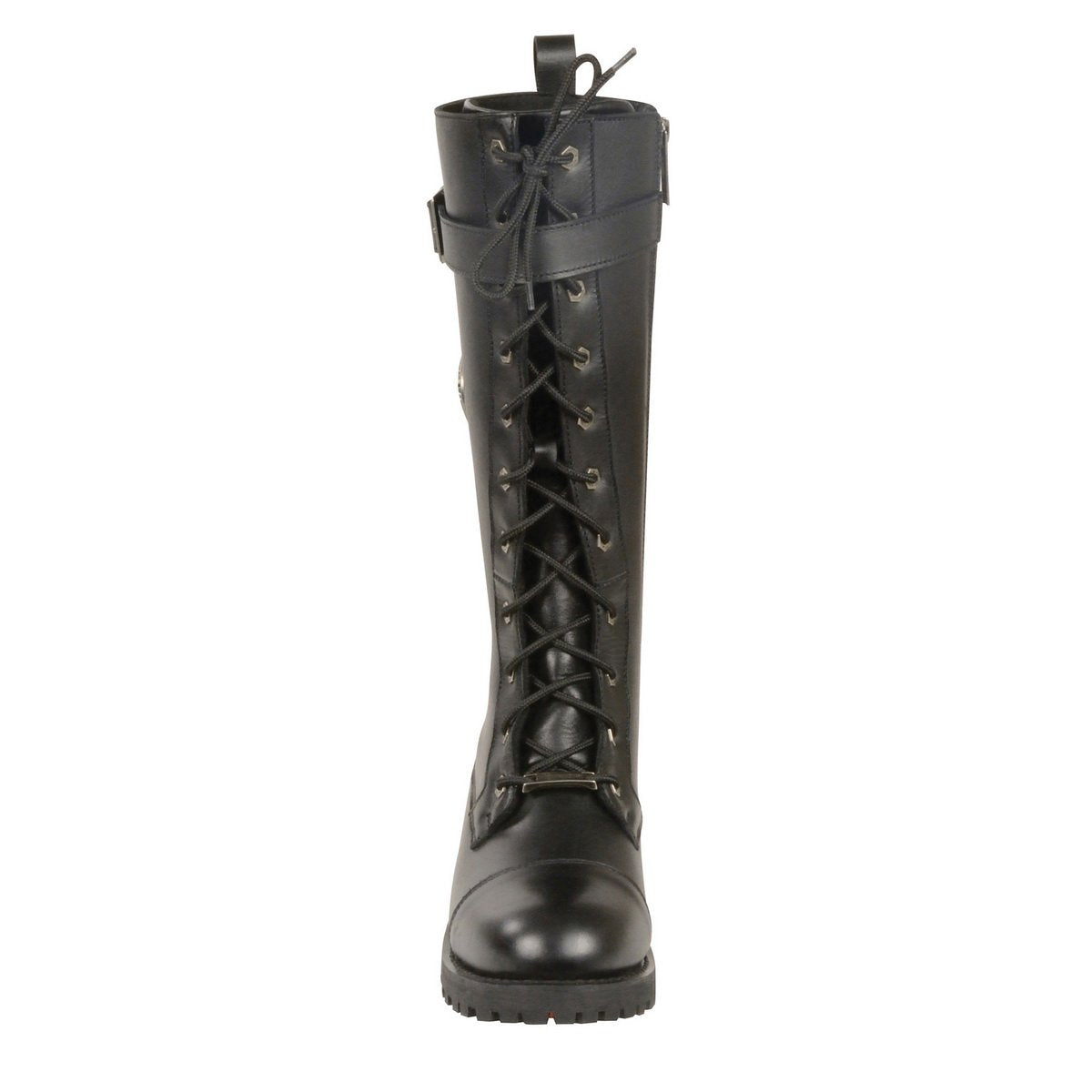 Women's Wide-Width Black 14-inch Lace-Up High-Rise Leather Biker Rider Boots with Calf Buckle MBL9355W
