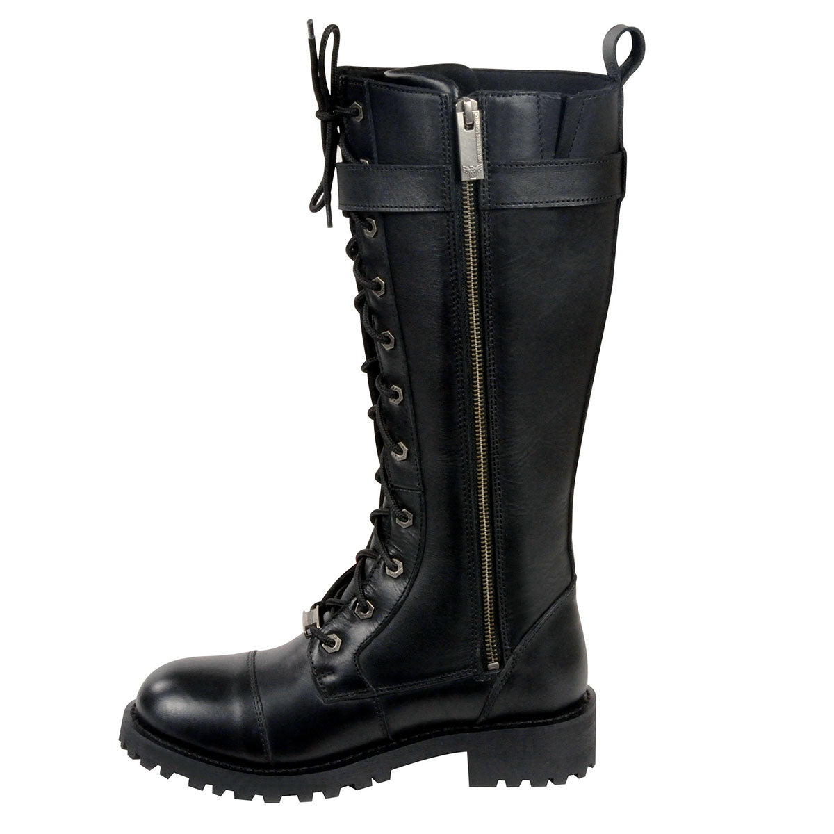 Women's Wide-Width Black 14-inch Lace-Up High-Rise Leather Biker Rider Boots with Calf Buckle MBL9355W