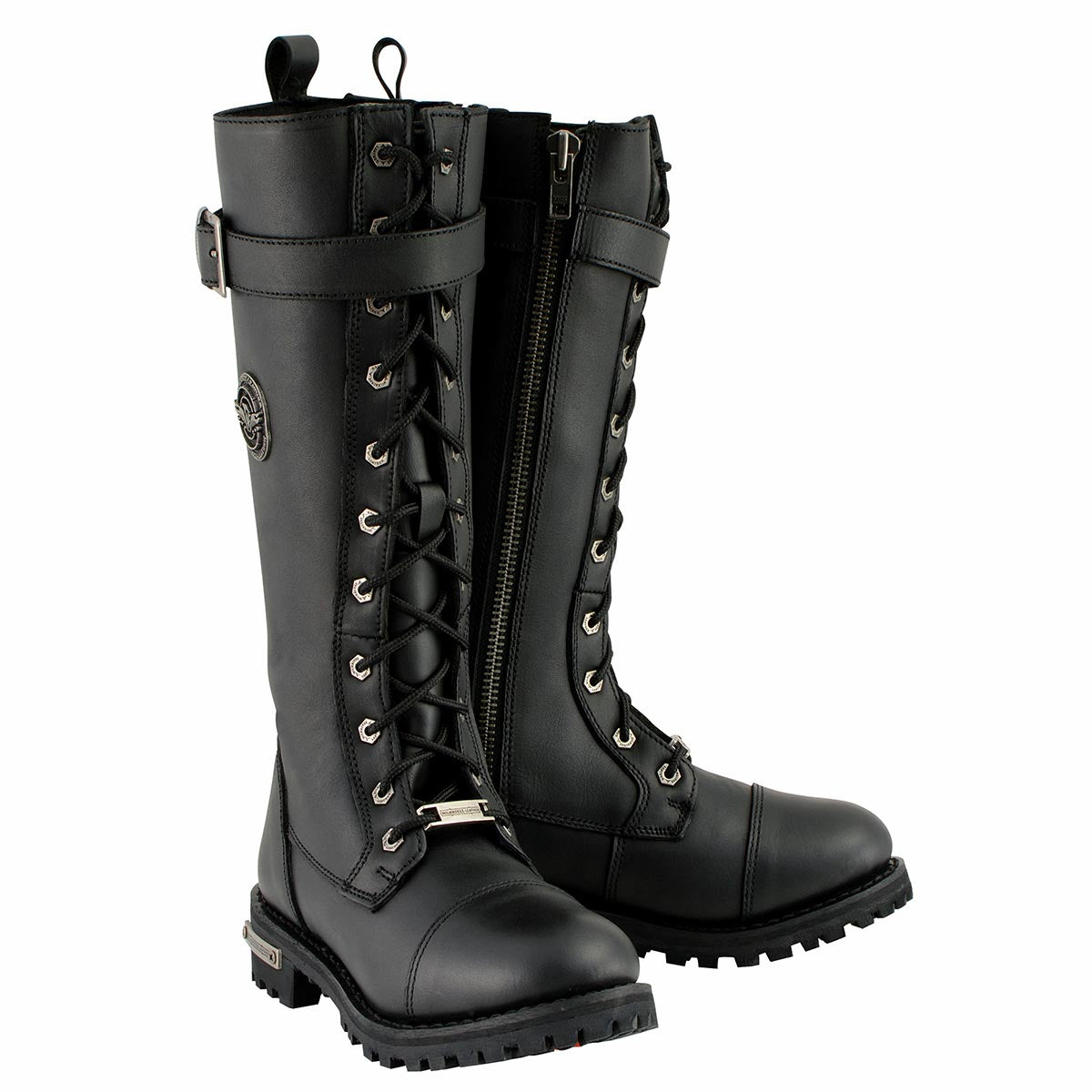 Women's Wide-Width Black 14-inch Lace-Up High-Rise Leather Biker Rider Boots with Calf Buckle MBL9355W