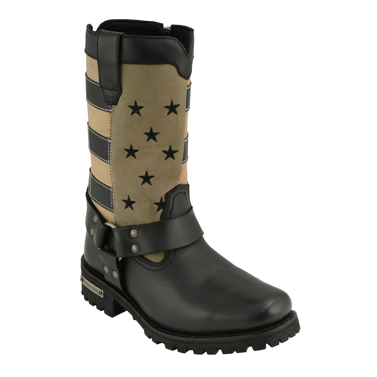 MBL9363 Women’s Stars and Stripes Black with Tan Leather Motorcycle Rider Harness Boots