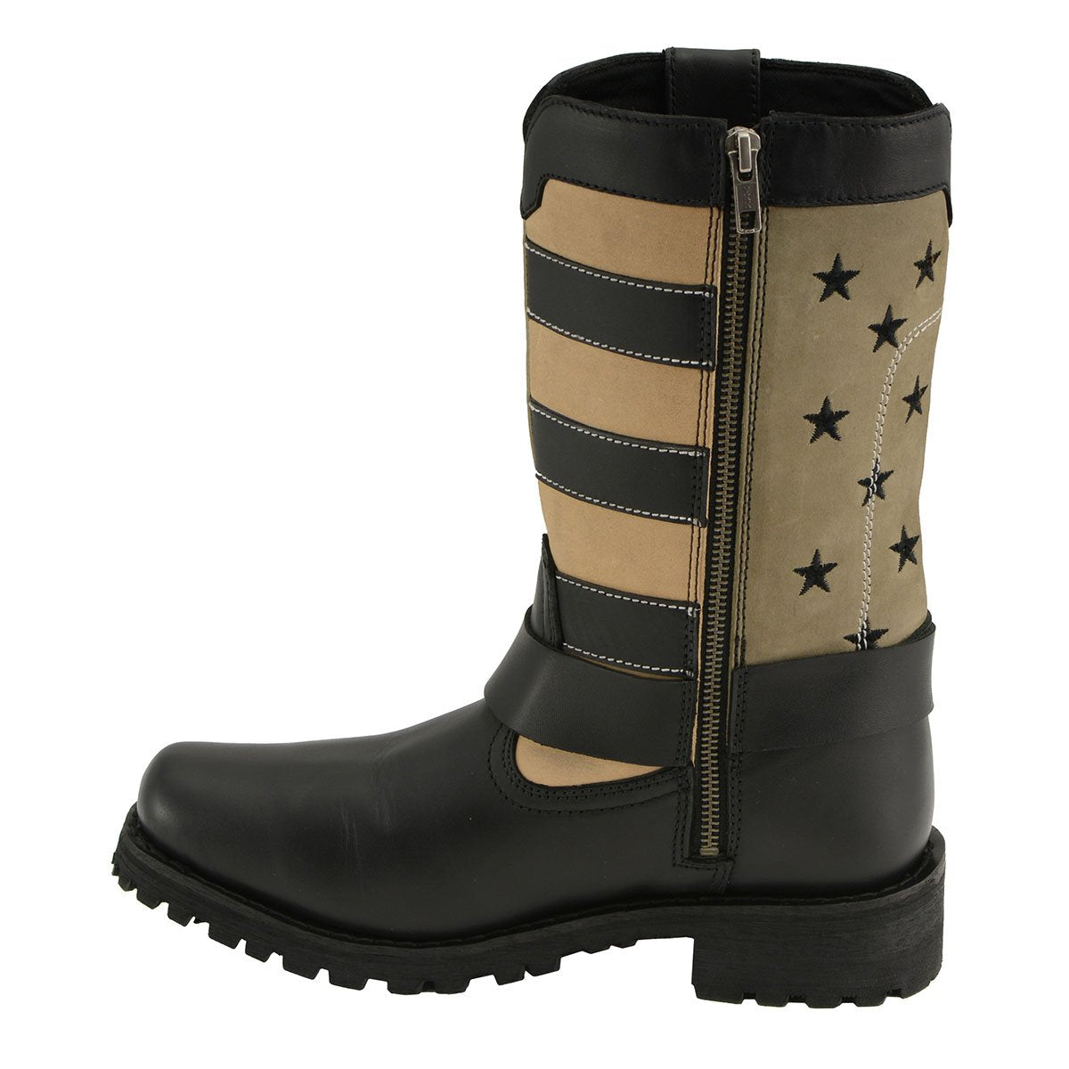 MBL9363 Women’s Stars and Stripes Black with Tan Leather Motorcycle Rider Harness Boots