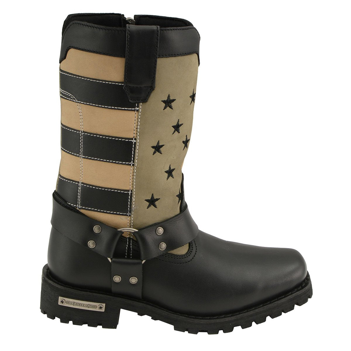 MBL9363 Women’s Stars and Stripes Black with Tan Leather Motorcycle Rider Harness Boots