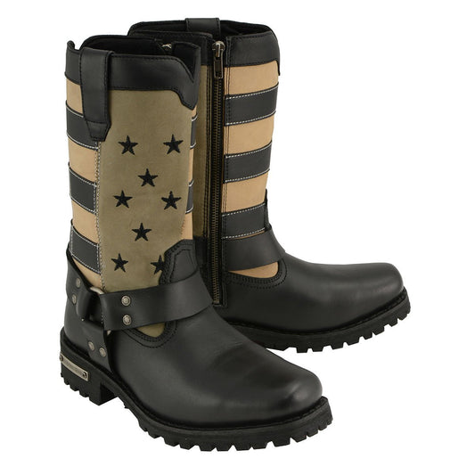 MBL9363 Women’s Stars and Stripes Black with Tan Leather Motorcycle Rider Harness Boots