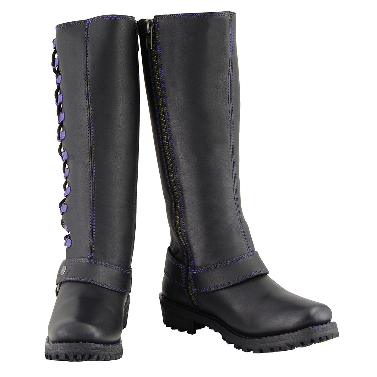 Women's Black 14-inch Leather Harness Motorcycle Boots with Purple Accent Lacing MBL9366
