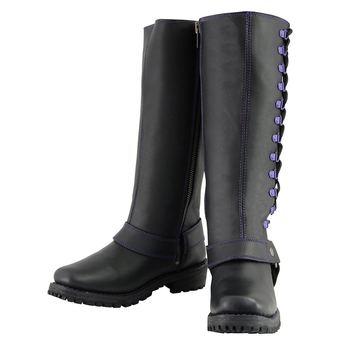 Women's Black 14-inch Leather Harness Motorcycle Boots with Purple Accent Lacing MBL9366