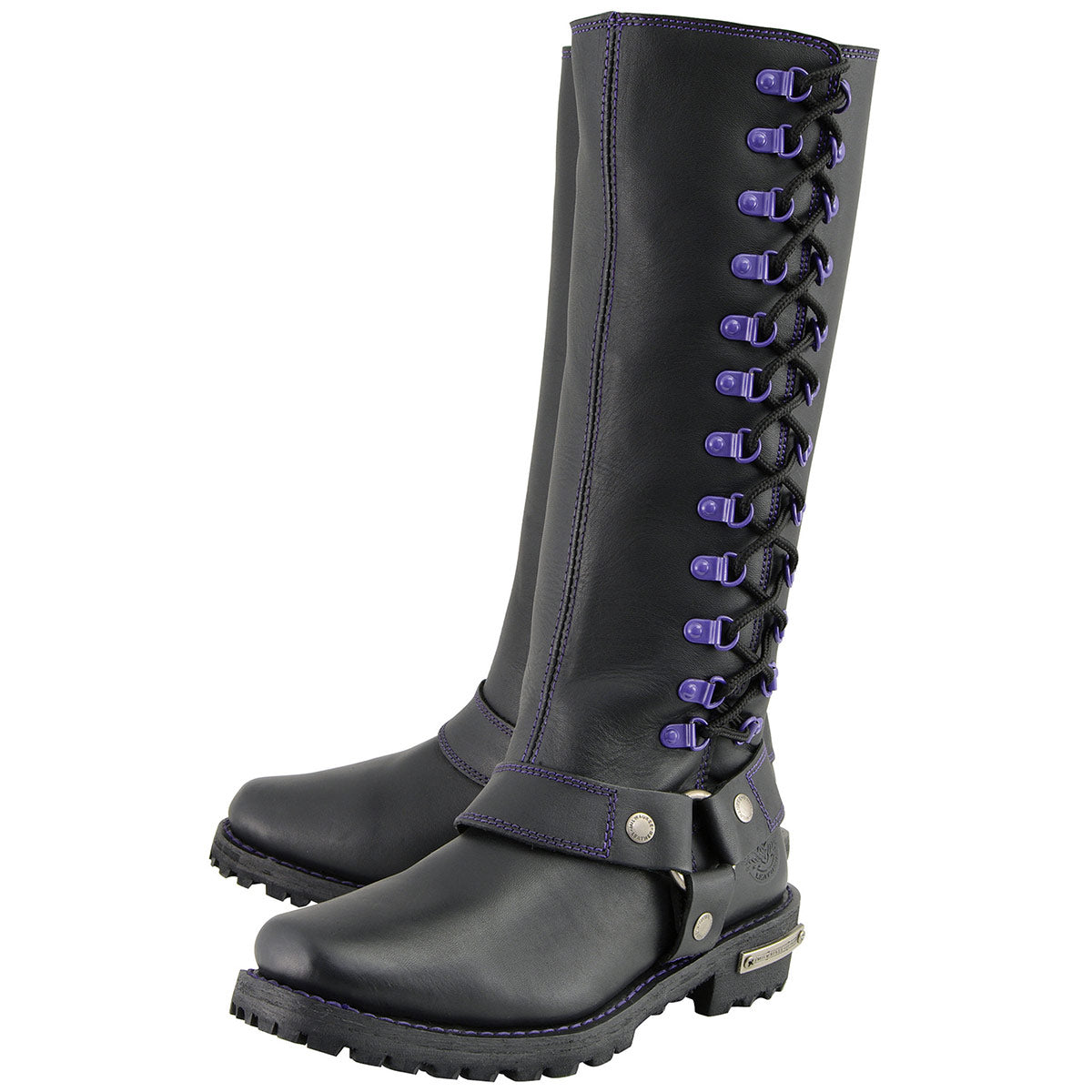 Women's Black 14-inch Leather Harness Motorcycle Boots with Purple Accent Lacing MBL9366