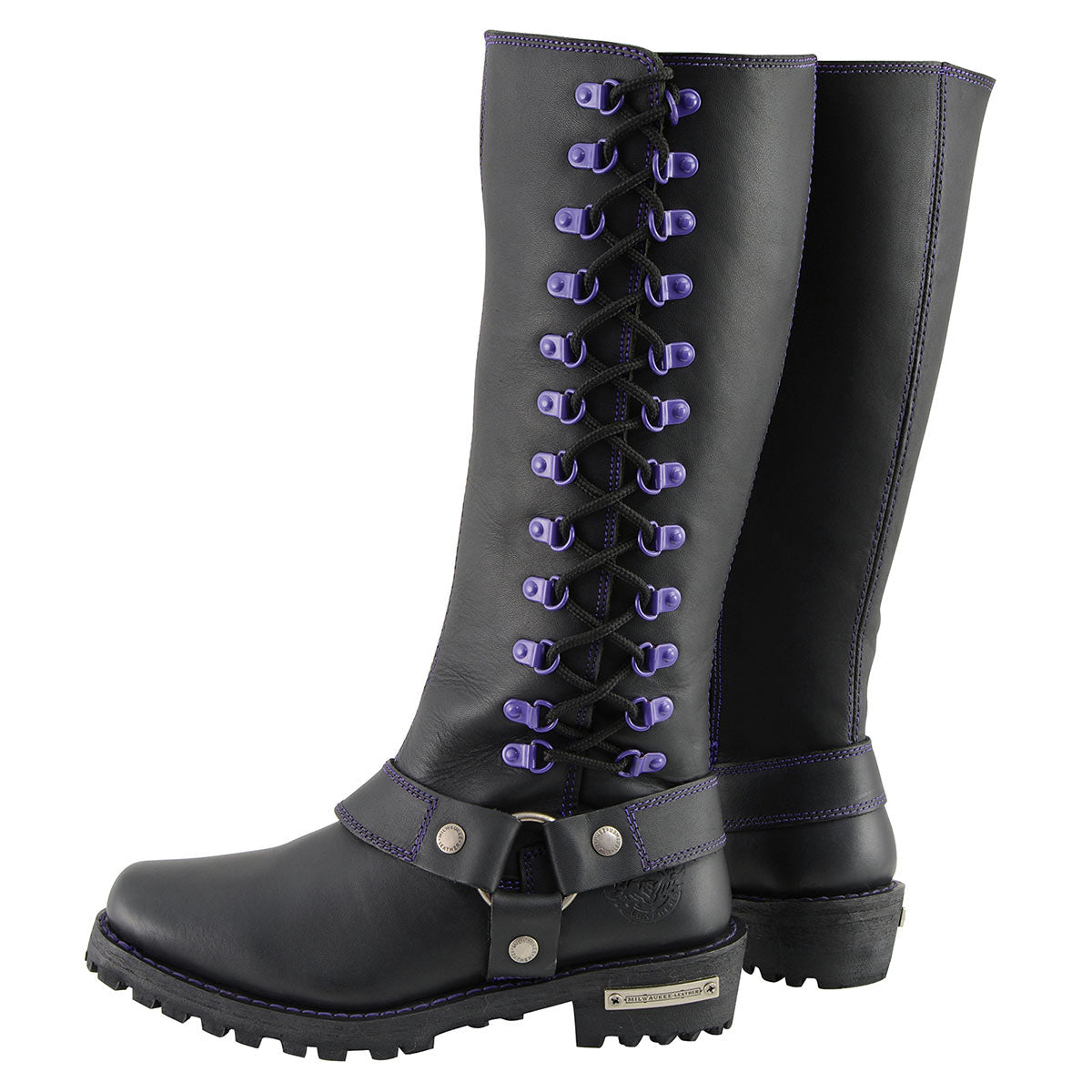 Women's Black 14-inch Leather Harness Motorcycle Boots with Purple Accent Lacing MBL9366
