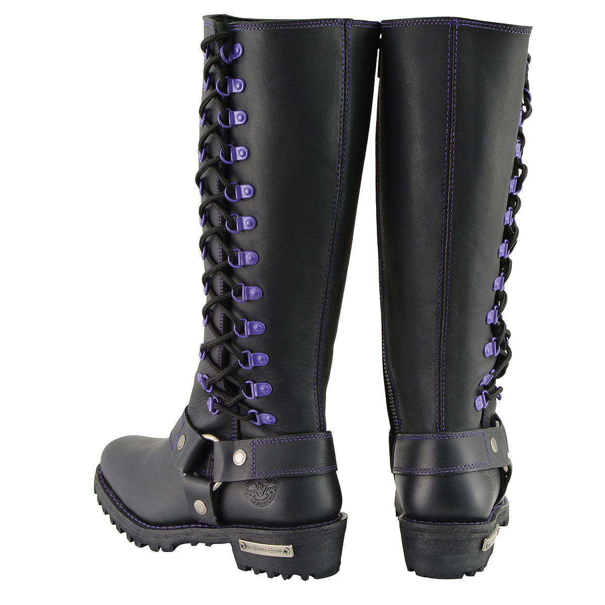 Women's Black 14-inch Leather Harness Motorcycle Boots with Purple Accent Lacing MBL9366