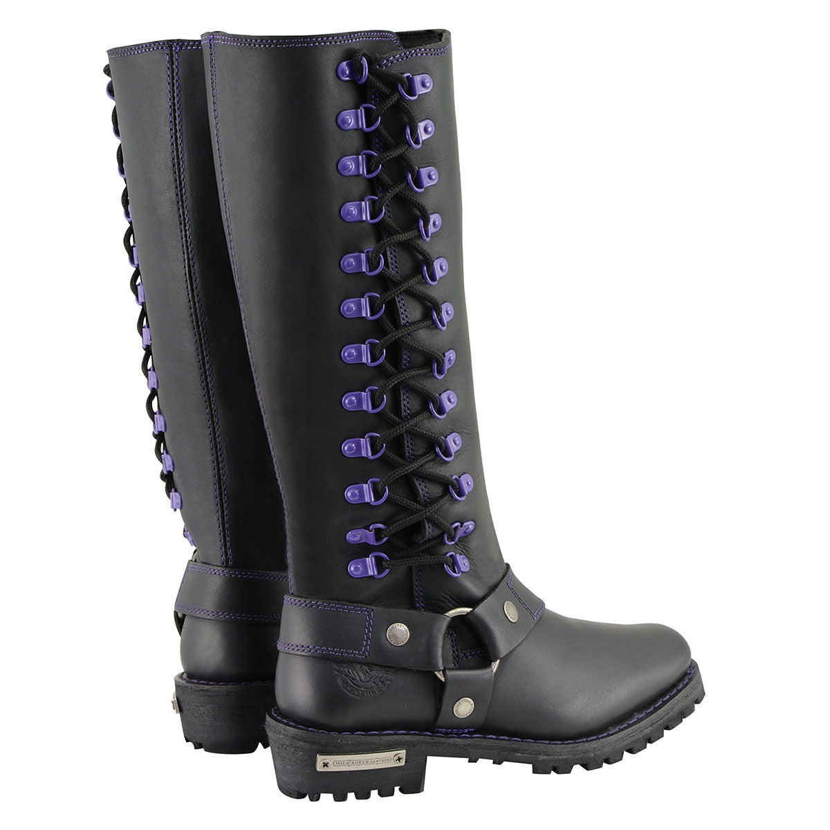 Women's Black 14-inch Leather Harness Motorcycle Boots with Purple Accent Lacing MBL9366