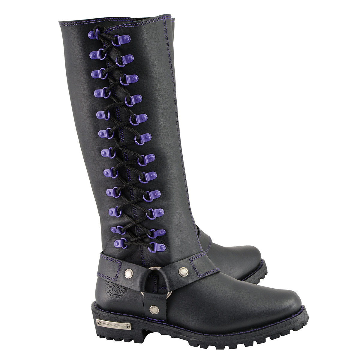 Women's Black 14-inch Leather Harness Motorcycle Boots with Purple Accent Lacing MBL9366