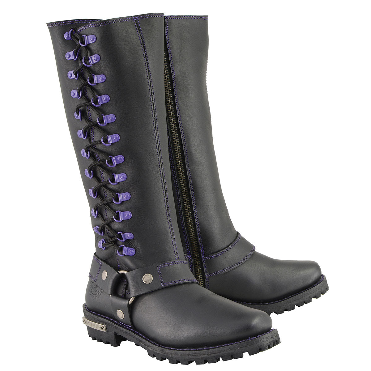Women's Black 14-inch Leather Harness Motorcycle Boots with Purple Accent Lacing MBL9366