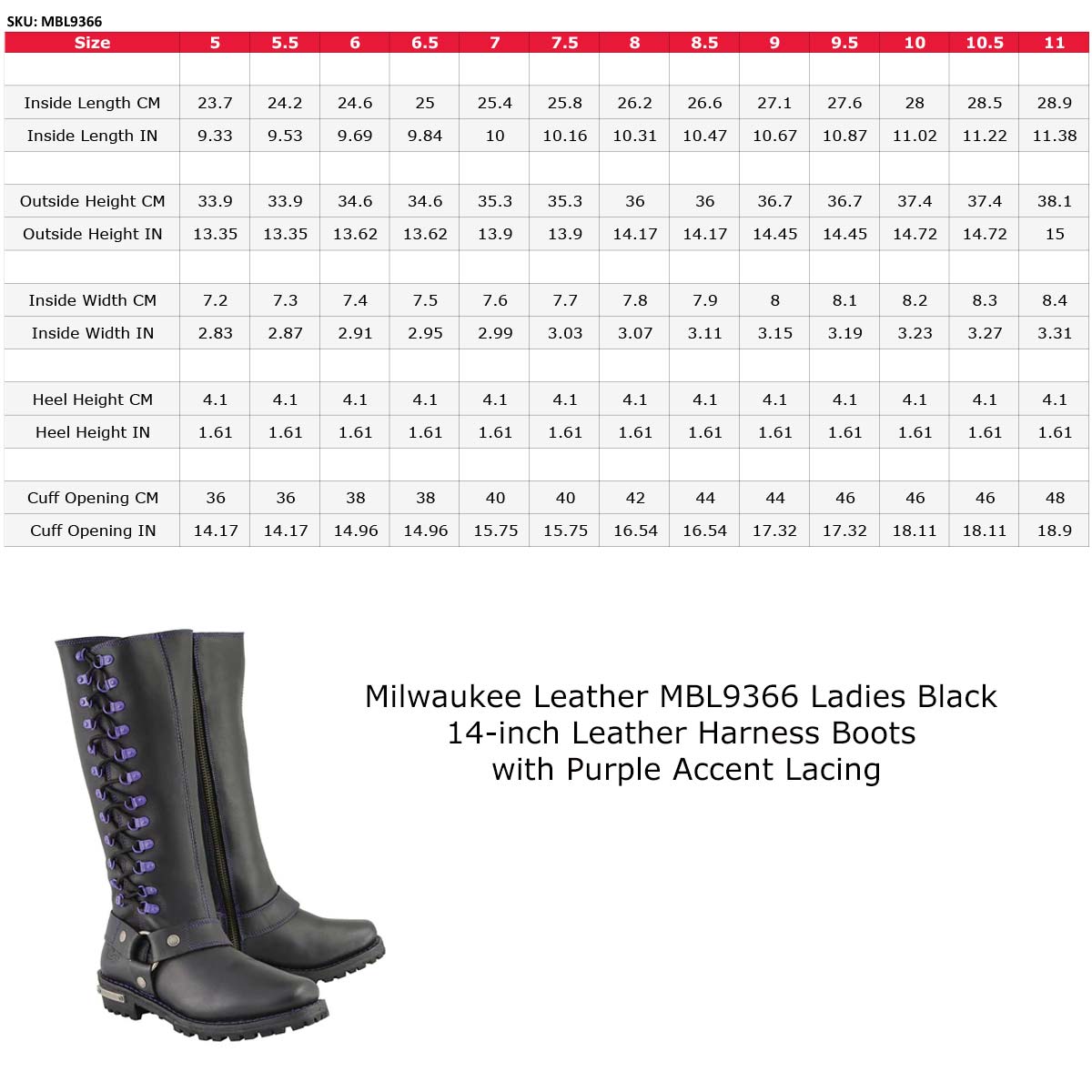 Women's Black 14-inch Leather Harness Motorcycle Boots with Purple Accent Lacing MBL9366