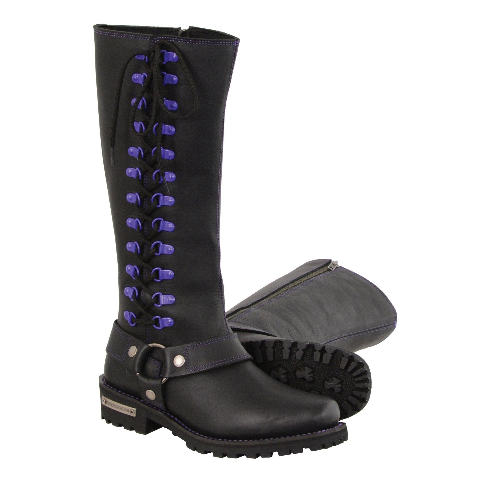 Women's Black 14-inch Leather Harness Motorcycle Boots with Purple Accent Lacing MBL9366