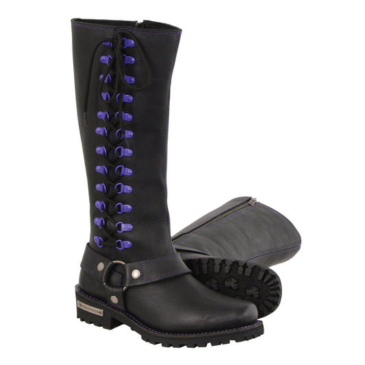 Women's Black 14-inch Leather Harness Motorcycle Boots with Purple Accent Lacing MBL9366