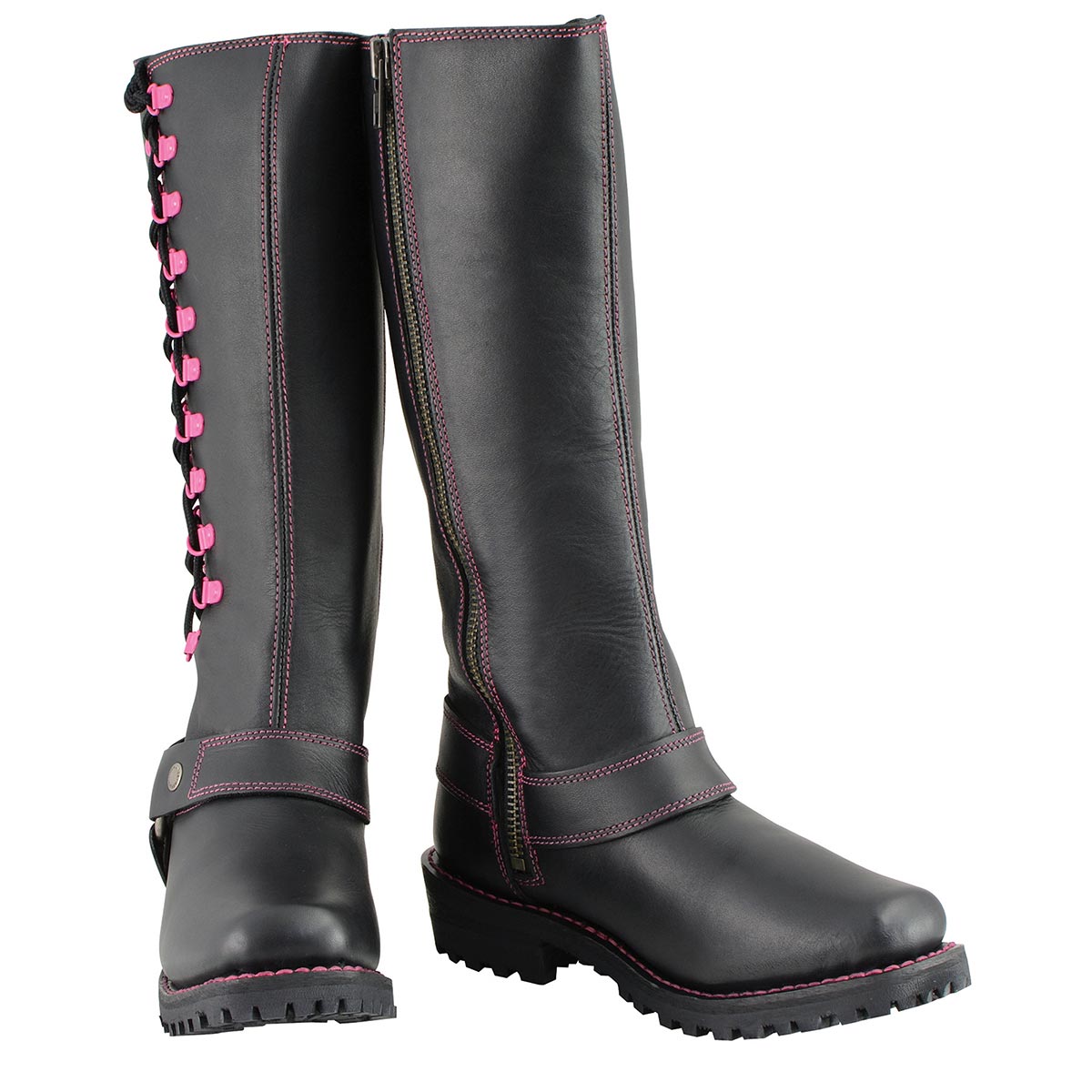 Women's Black 14-inch Leather Harness Motorcycle Boots with Fuchsia Accent Lacing MBL9367