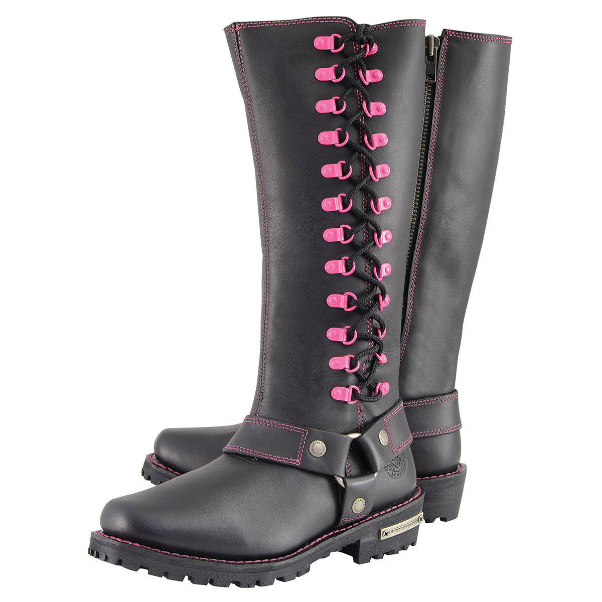 Women's Black 14-inch Leather Harness Motorcycle Boots with Fuchsia Accent Lacing MBL9367