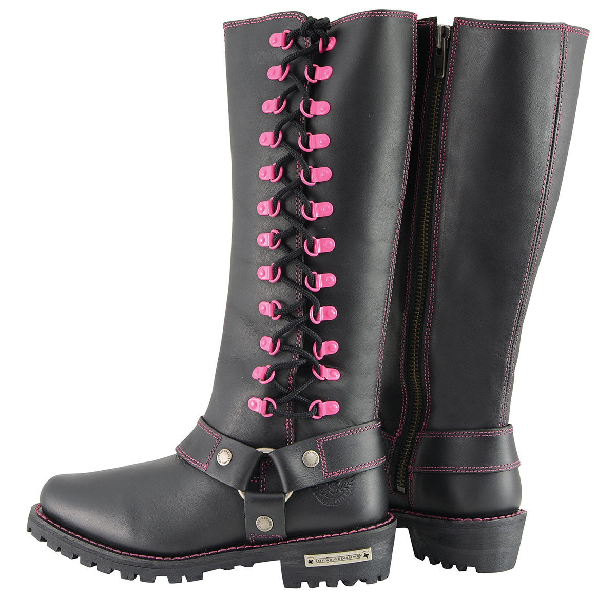 Women's Black 14-inch Leather Harness Motorcycle Boots with Fuchsia Accent Lacing MBL9367