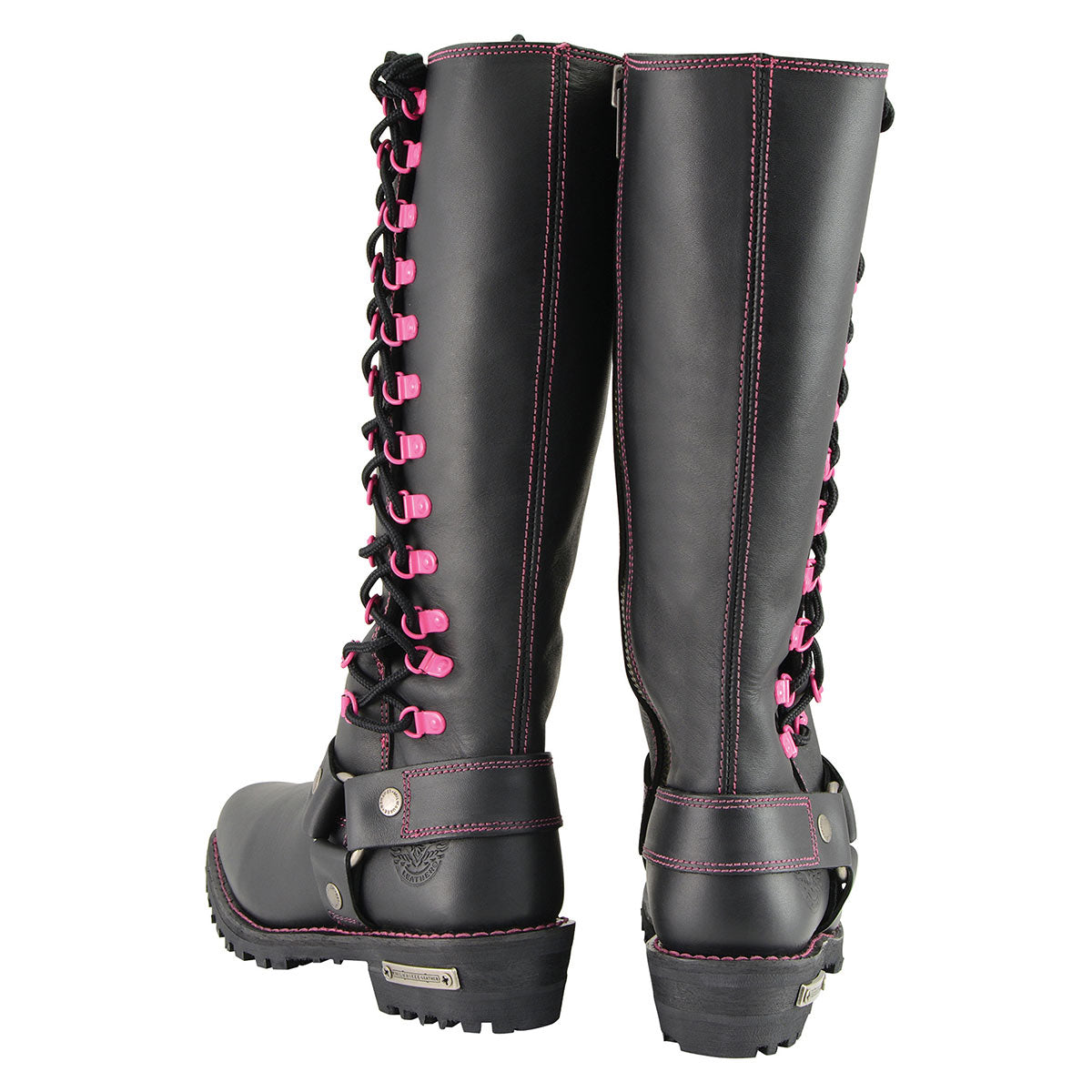 Women's Black 14-inch Leather Harness Motorcycle Boots with Fuchsia Accent Lacing MBL9367