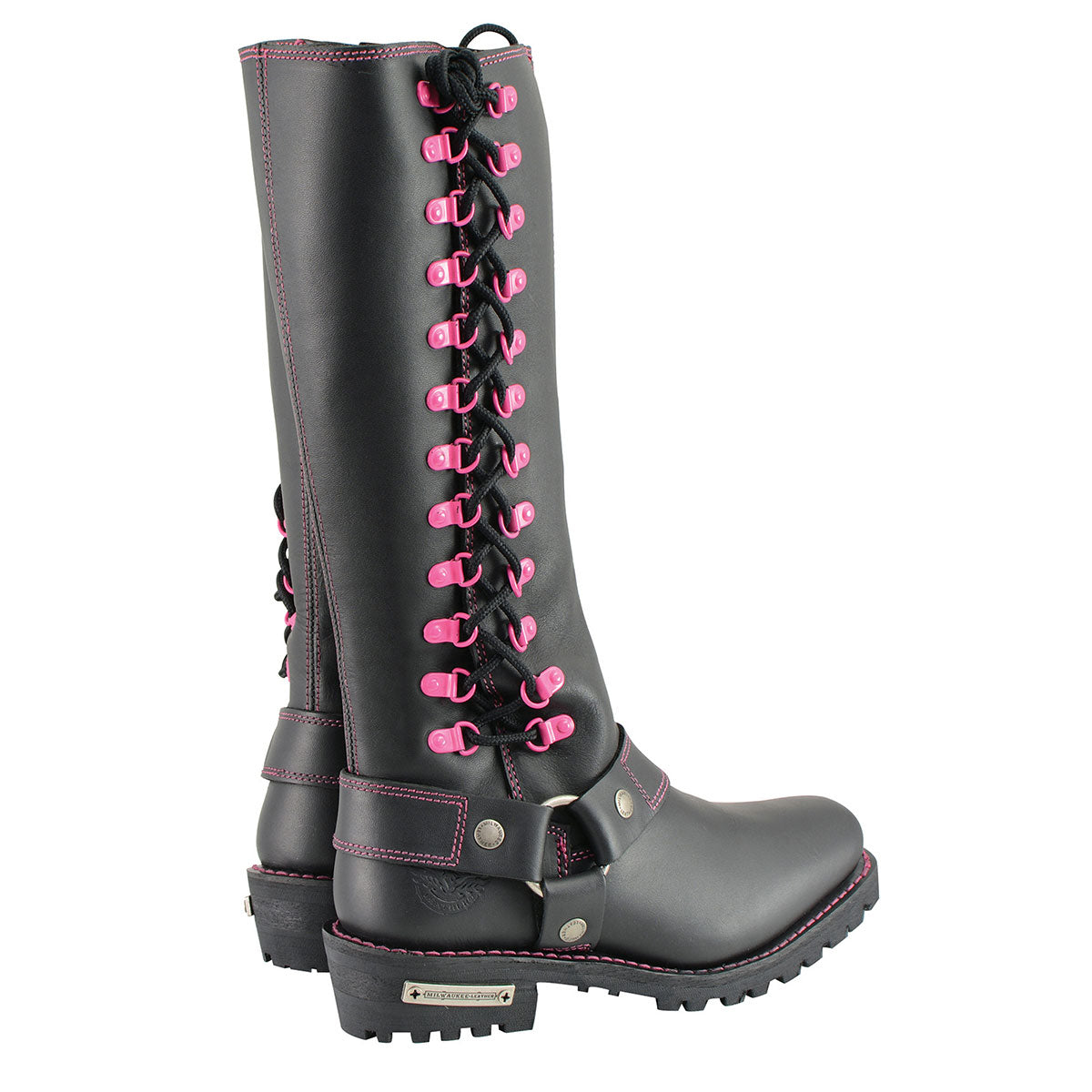 Women's Black 14-inch Leather Harness Motorcycle Boots with Fuchsia Accent Lacing MBL9367