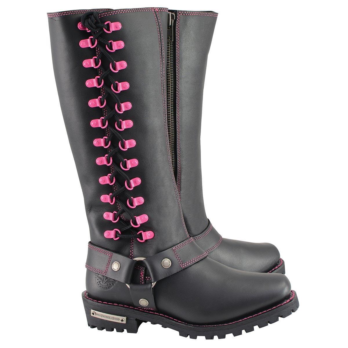 Women's Black 14-inch Leather Harness Motorcycle Boots with Fuchsia Accent Lacing MBL9367