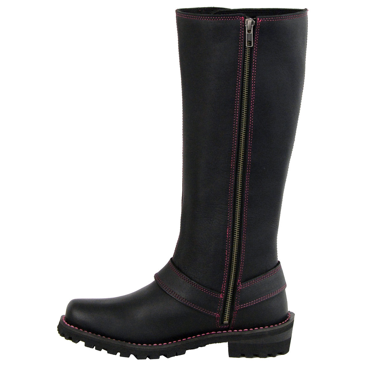Women's Black 14-inch Leather Harness Motorcycle Boots with Fuchsia Accent Lacing MBL9367
