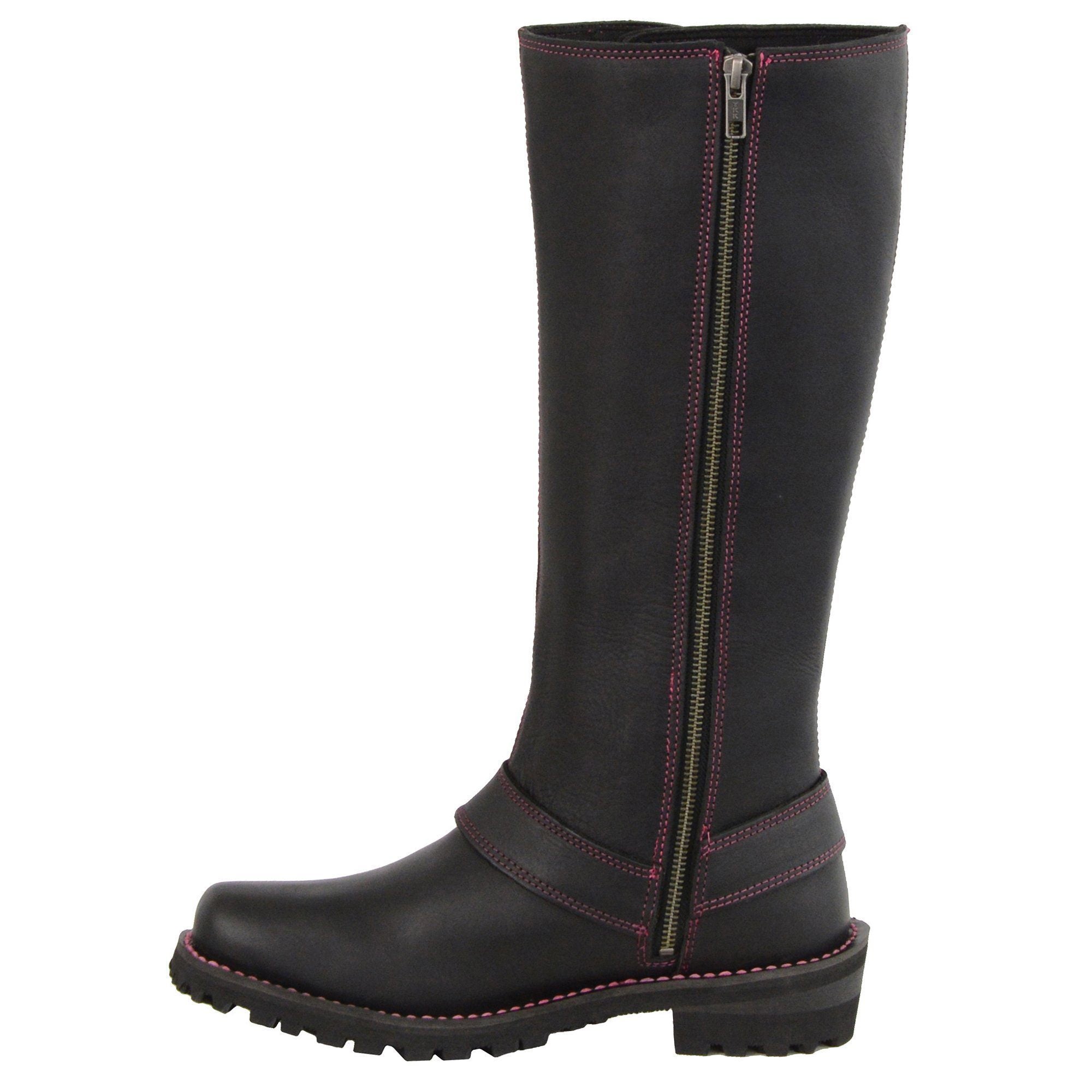 Women's Black 14-inch Leather Harness Motorcycle Boots with Fuchsia Accent Lacing MBL9367