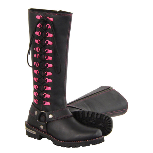 Women's Black 14-inch Leather Harness Motorcycle Boots with Fuchsia Accent Lacing MBL9367