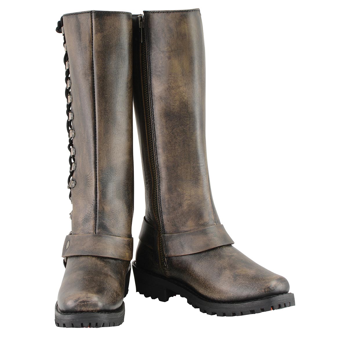 Women's Distressed Brown Leather 14-inch Classic Harness Square Toe Motorcycle Rider Boots MBL9368