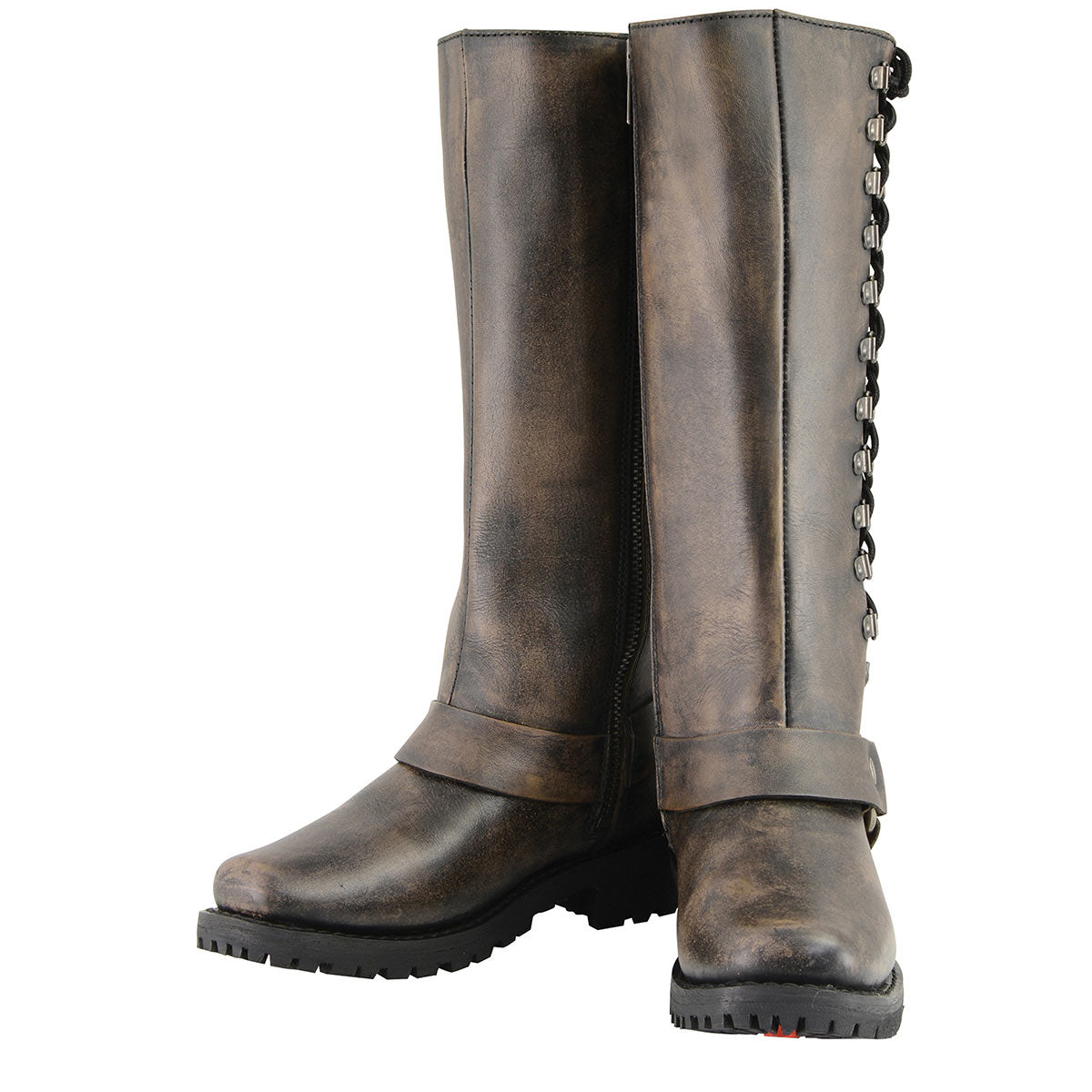 Women's Distressed Brown Leather 14-inch Classic Harness Square Toe Motorcycle Rider Boots MBL9368