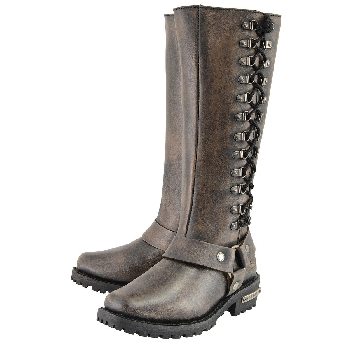 Women's Distressed Brown Leather 14-inch Classic Harness Square Toe Motorcycle Rider Boots MBL9368