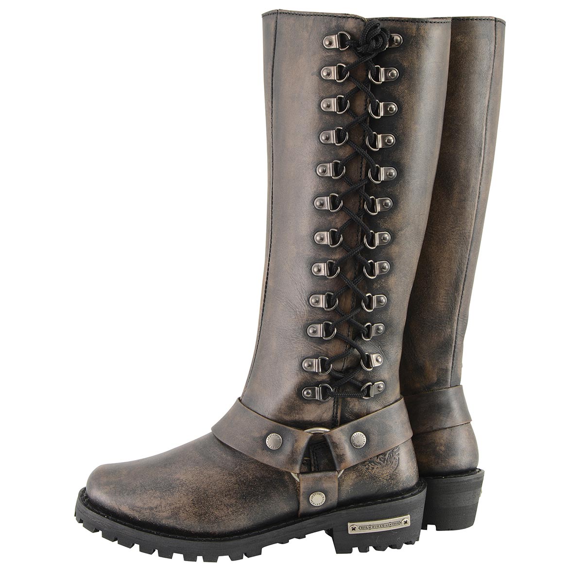 Women's Distressed Brown Leather 14-inch Classic Harness Square Toe Motorcycle Rider Boots MBL9368